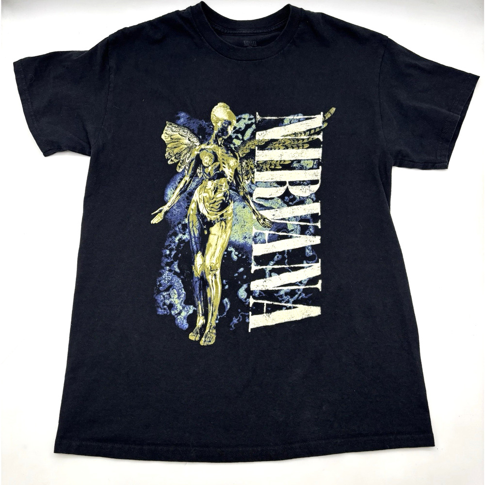 Nirvana In Utero Vertical Logo Angel Graphic Print on Black T-shirt Unisex M